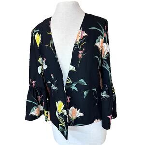 Philosophy Black Floral Kimono Cardigan Womens M Ruffle Sleeve Boho